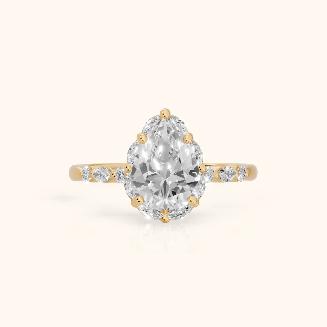 Valentina Petal Halo Pear Diamond Engagement Ring in Yellow Gold — view 2