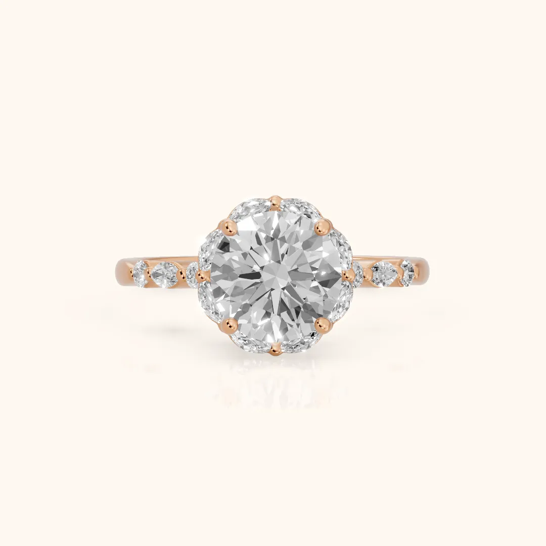 Valentina Petal Halo Round Diamond Engagement Ring in Rose Gold — view 2