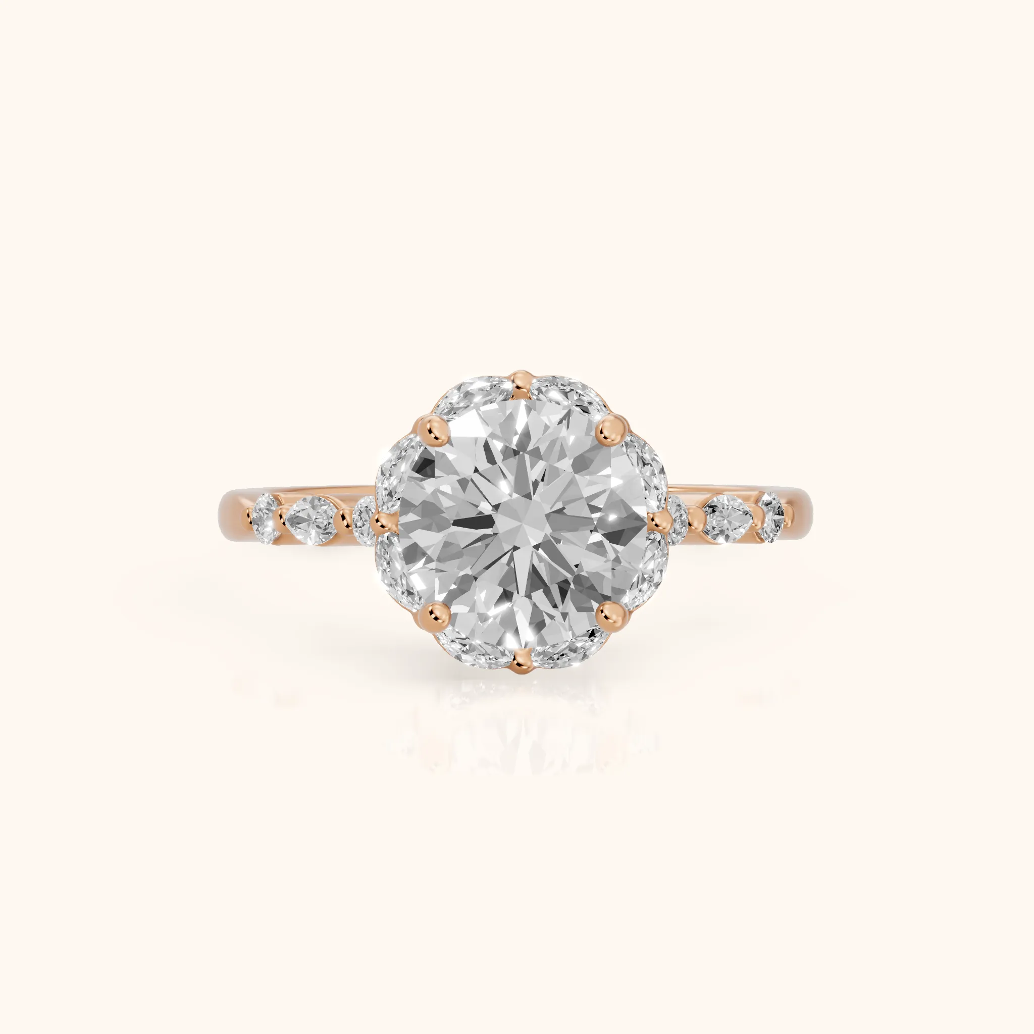 Valentina Petal Halo Round Diamond Engagement Ring in Rose Gold — view 1