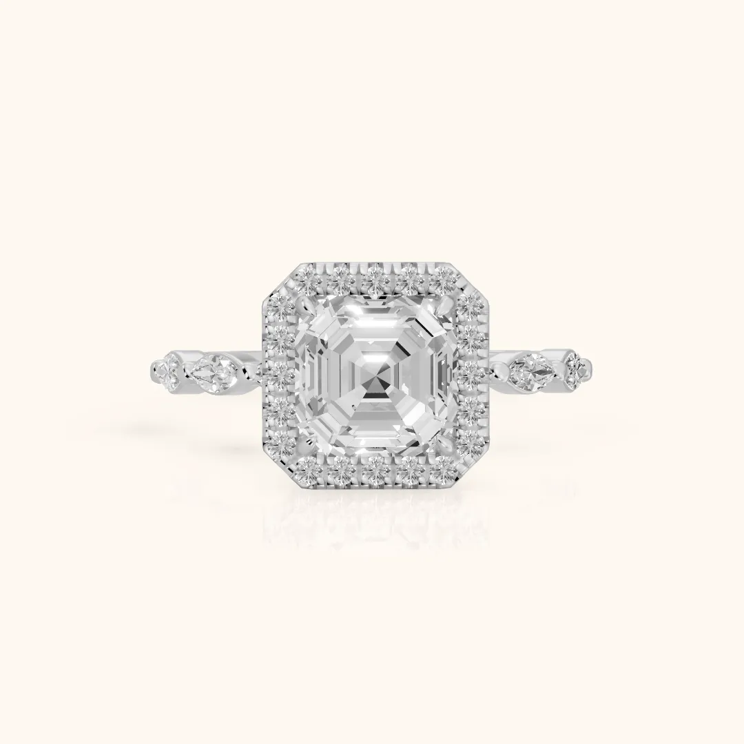 Alessandra Marquise-Side Halo Asscher Diamond Engagement Ring in White Gold — view 2