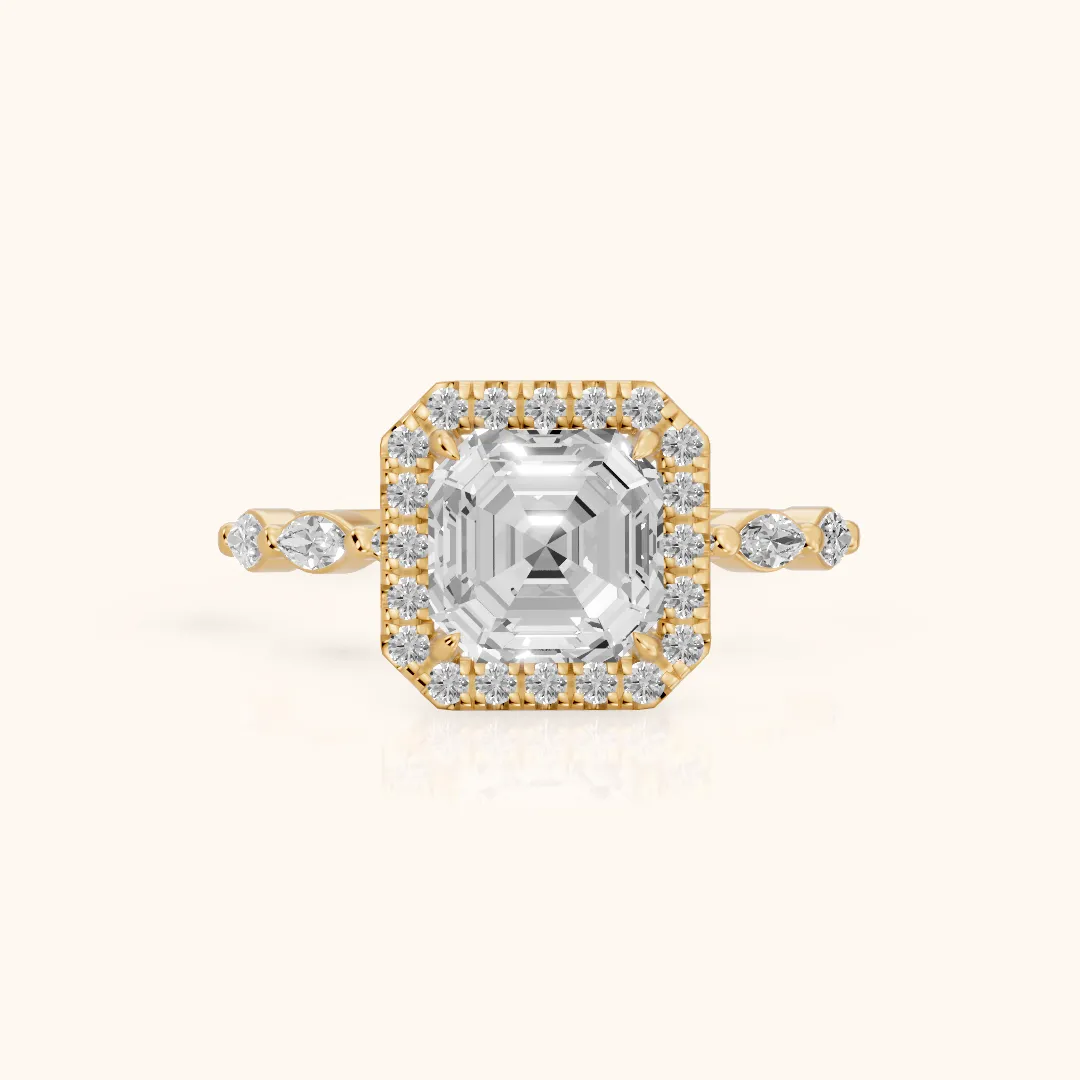 Alessandra Marquise-Side Halo Asscher Diamond Engagement Ring in Yellow Gold — view 2