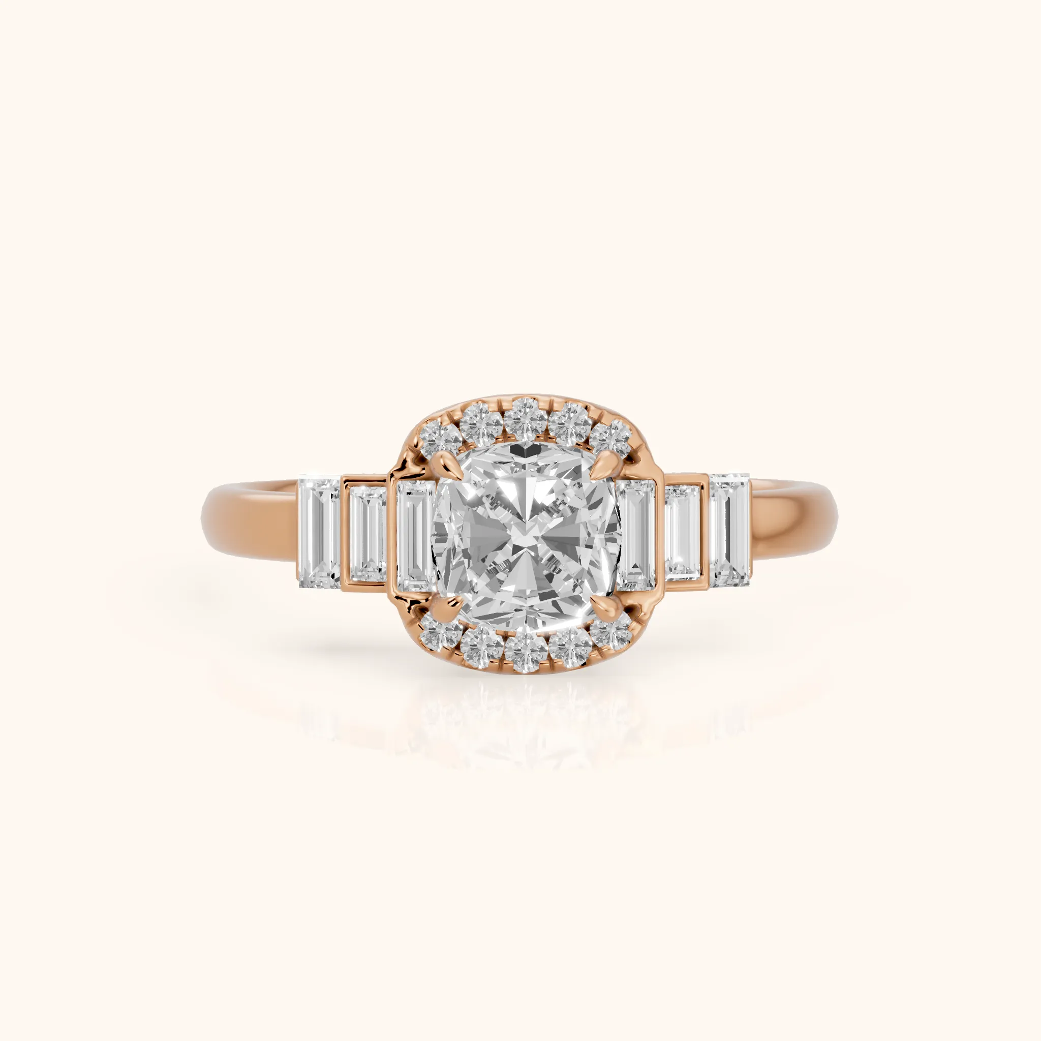 Antonia Baguette Halo Cushion Diamond Engagement Ring in Rose Gold — view 1
