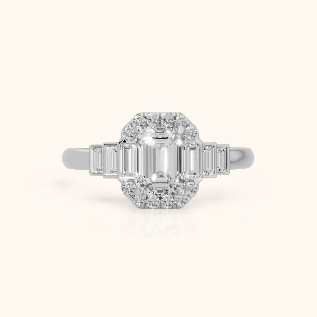 Antonia Baguette Halo Emerald Diamond Engagement Ring in White Gold — view 2