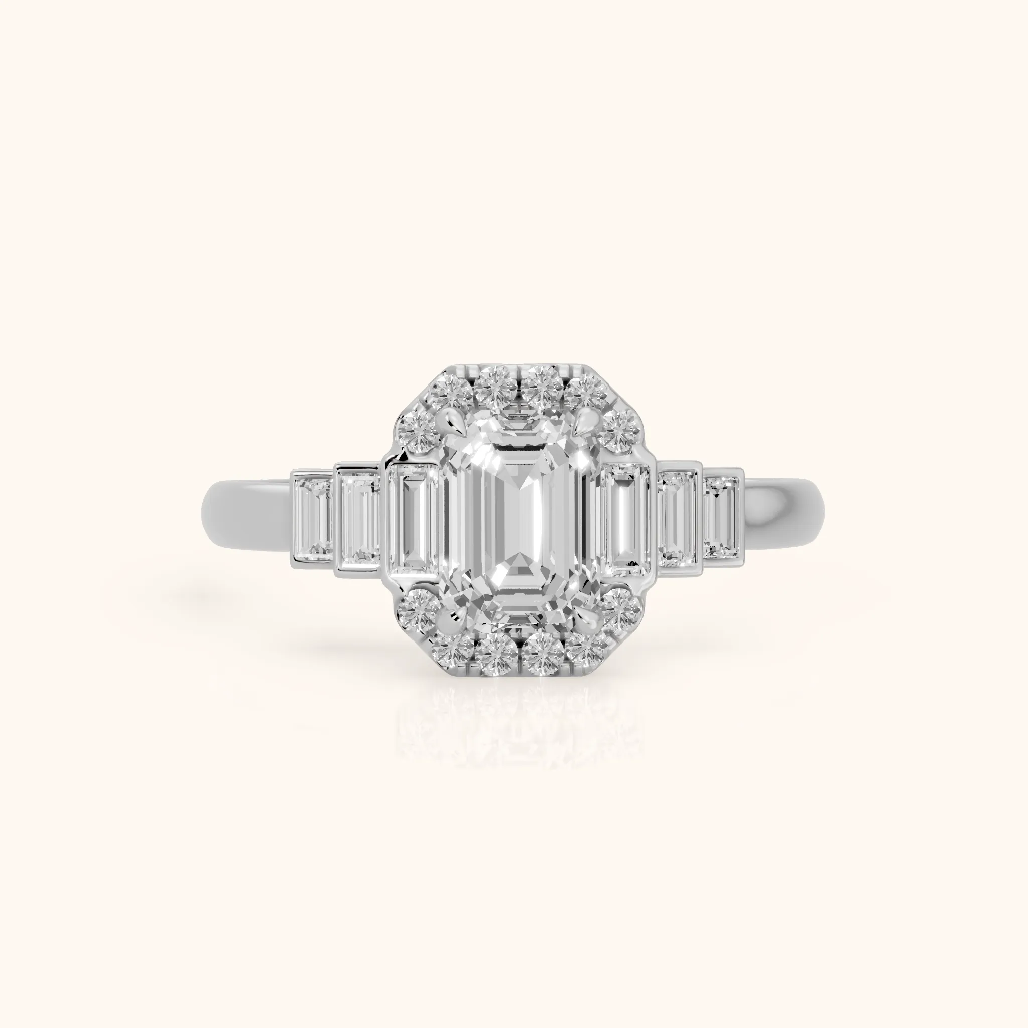 Antonia Baguette Halo Emerald Diamond Engagement Ring in White Gold — view 1