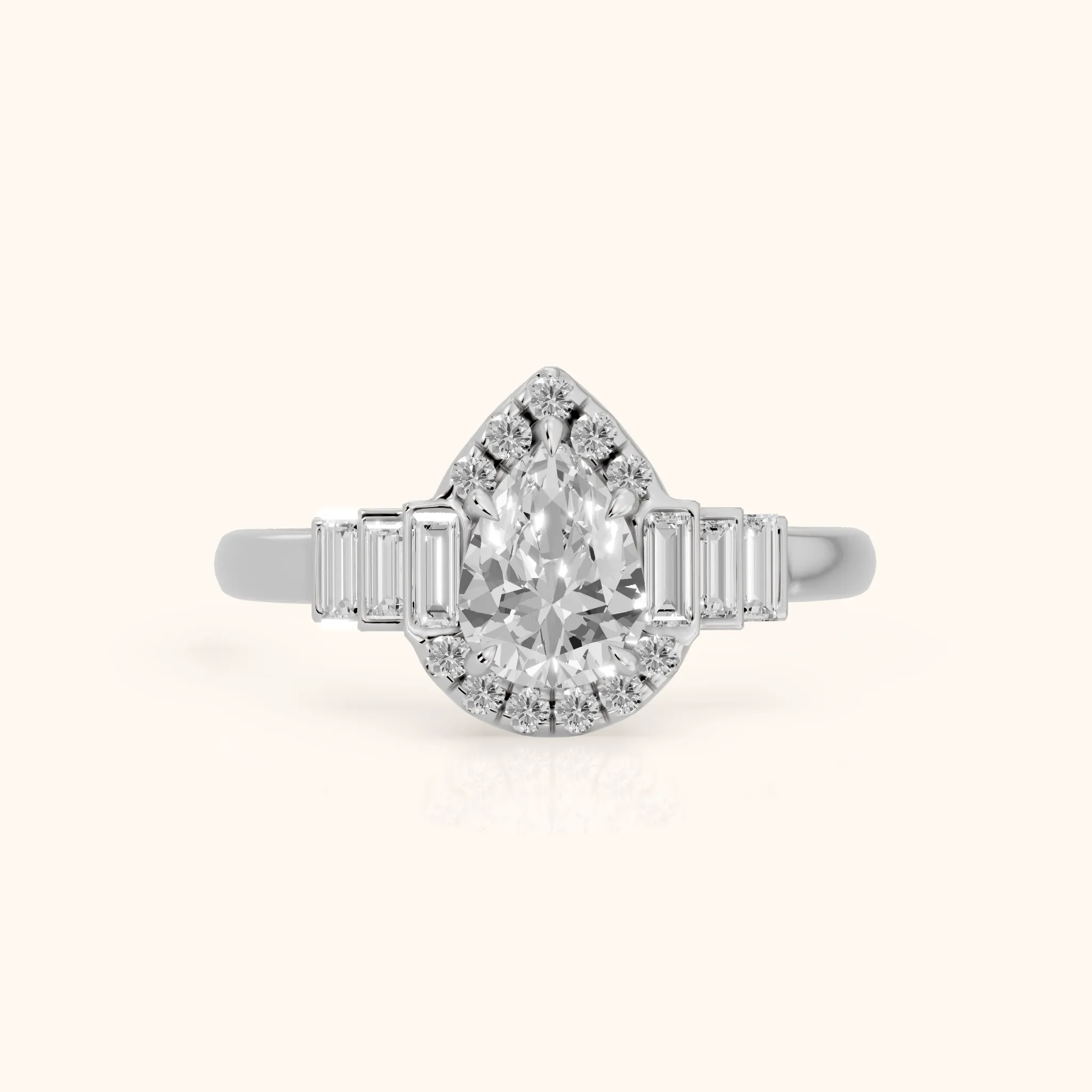 Antonia Baguette Halo Pear Diamond Engagement Ring in Platinum — view 1