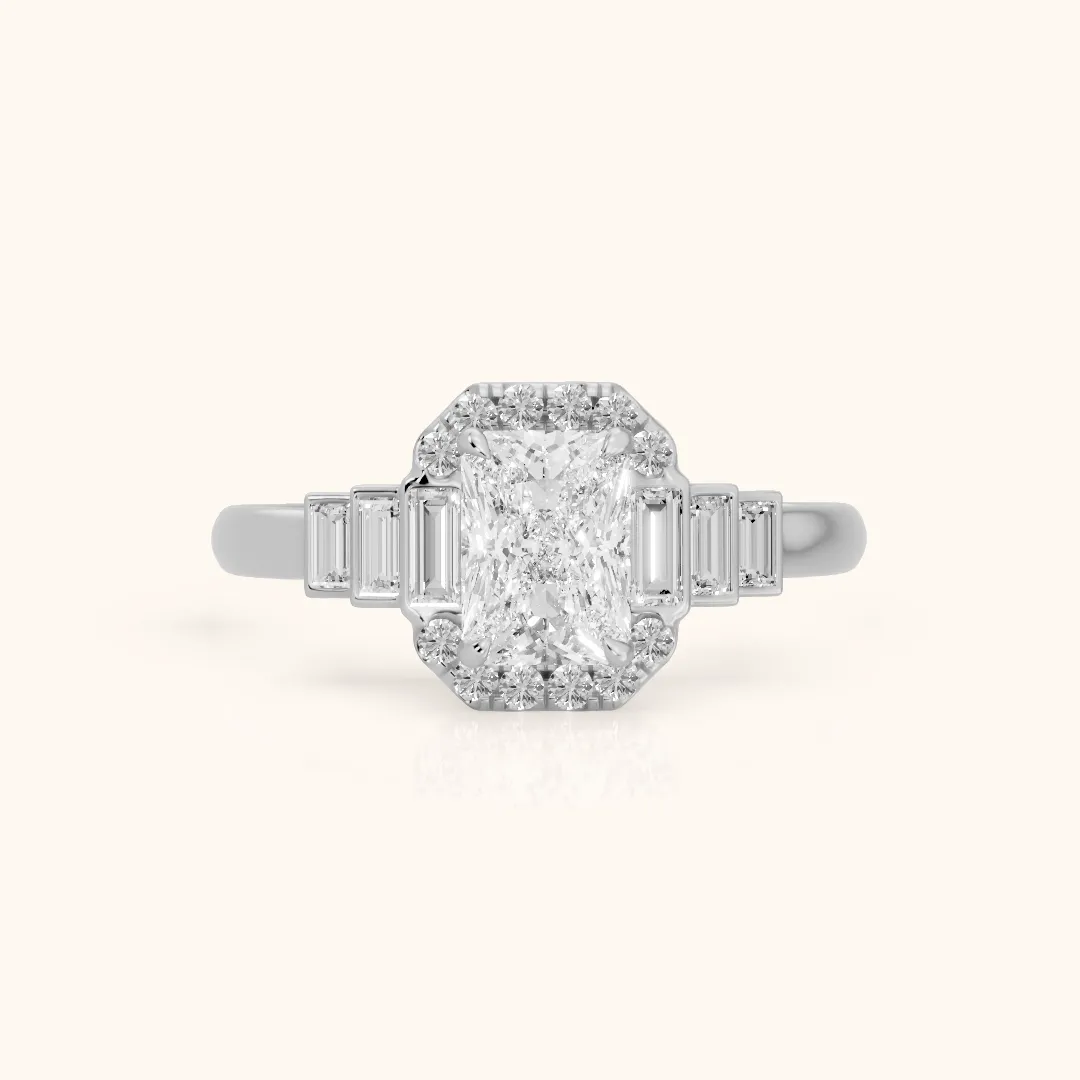 Antonia Baguette Halo Radiant Diamond Engagement Ring in Platinum — view 2