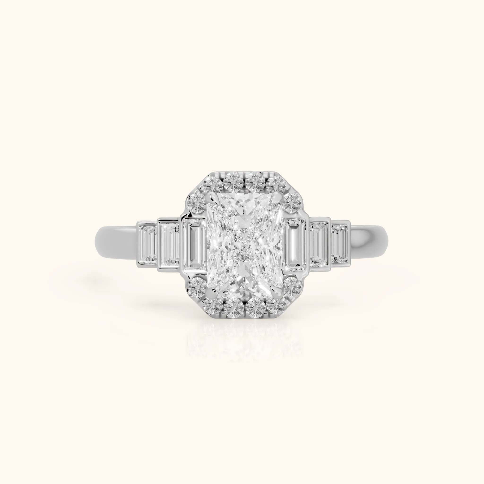 Antonia Baguette Halo Radiant Diamond Engagement Ring in Platinum — view 1