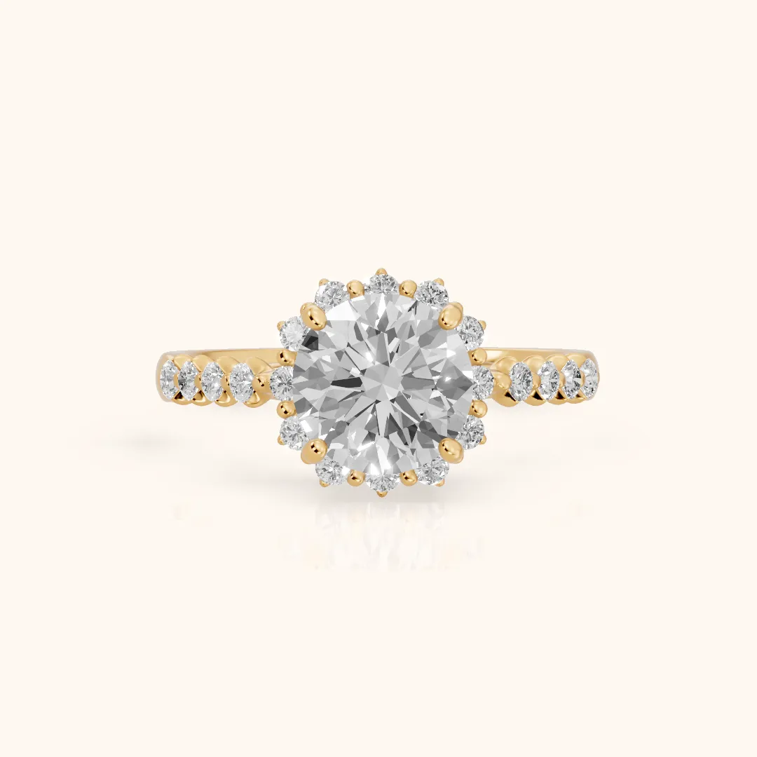Carlotta Scalloped Halo Round Diamond Engagement Ring in Yellow Gold — view 2