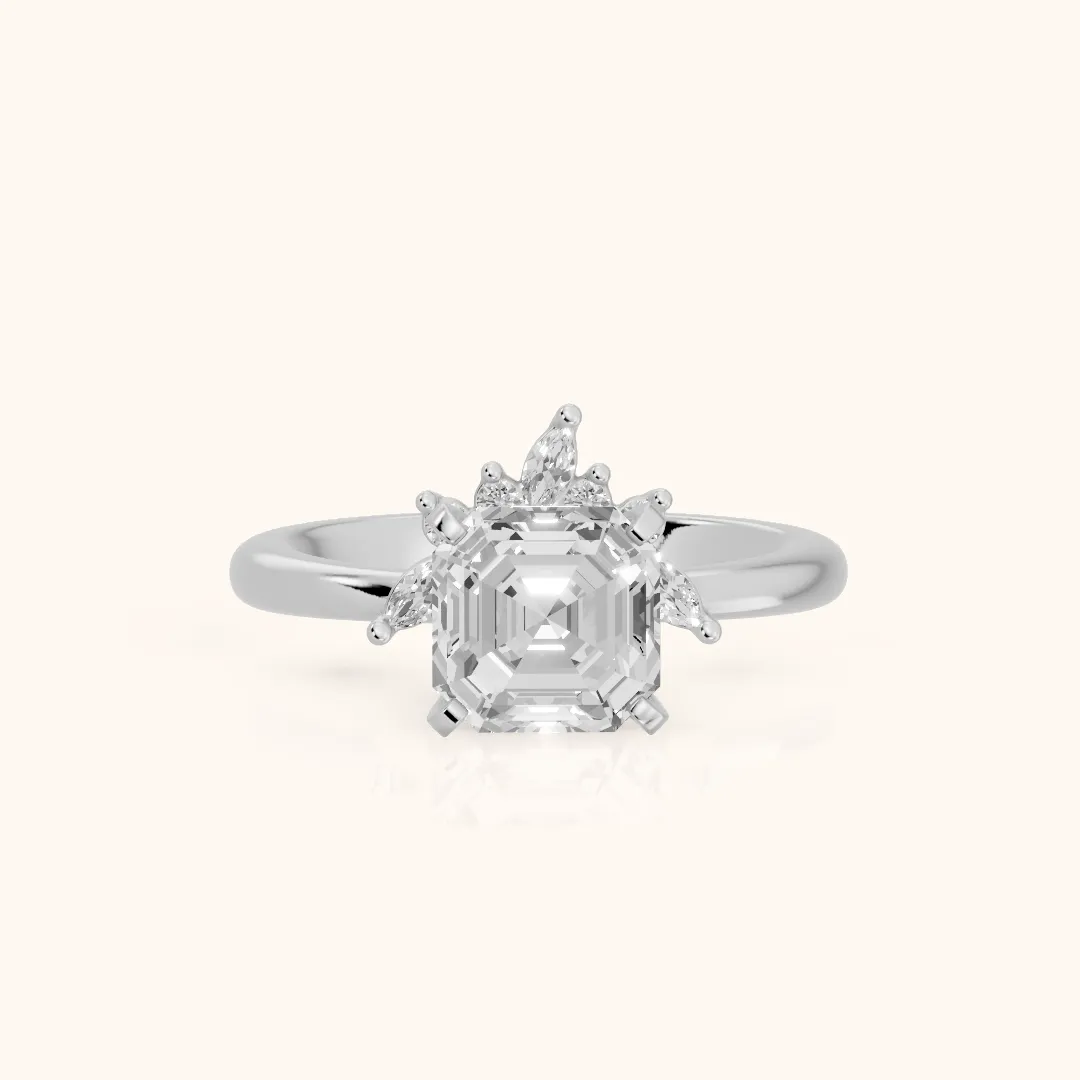 Fiorella Leaf Cluster Asscher Diamond Engagement Ring in White Gold — view 2