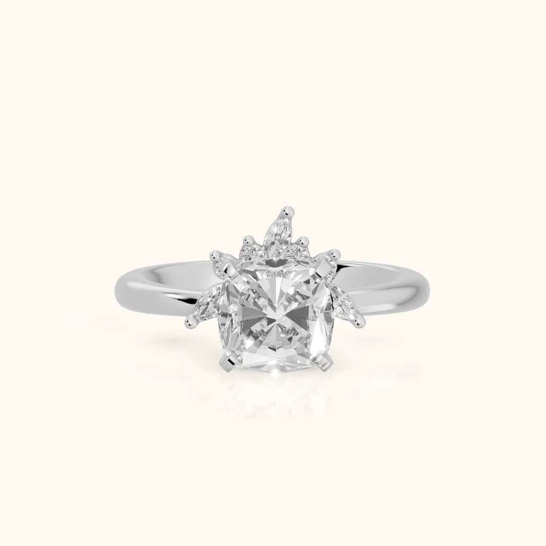 Fiorella Leaf Cluster Cushion Diamond Engagement Ring in Silver — view 2