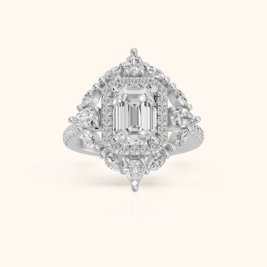 Gianna Vintage Double Halo Emerald Diamond Engagement Ring in Silver — view 2