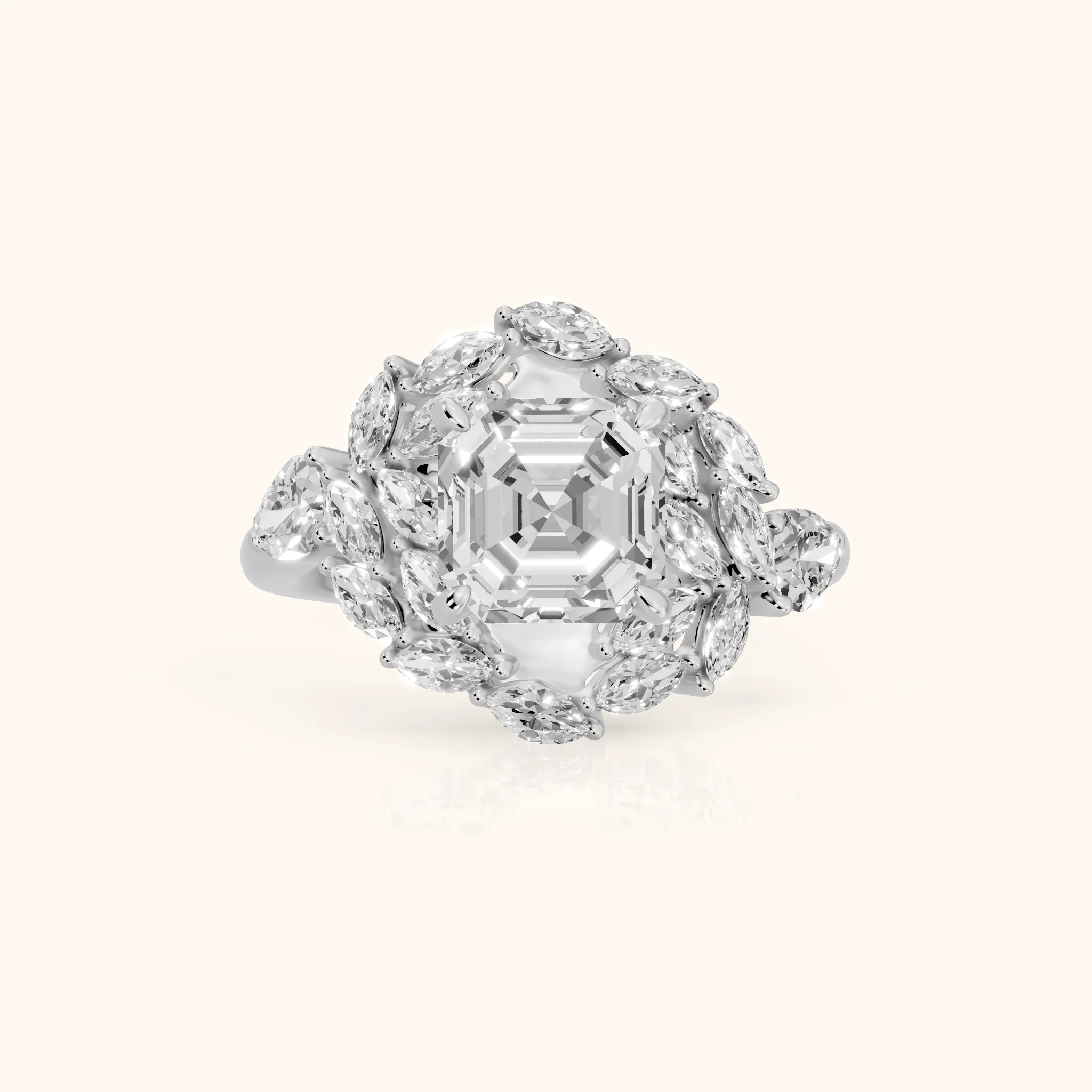 Liliana Leaf Cluster Asscher Diamond Engagement Ring in Silver — view 1