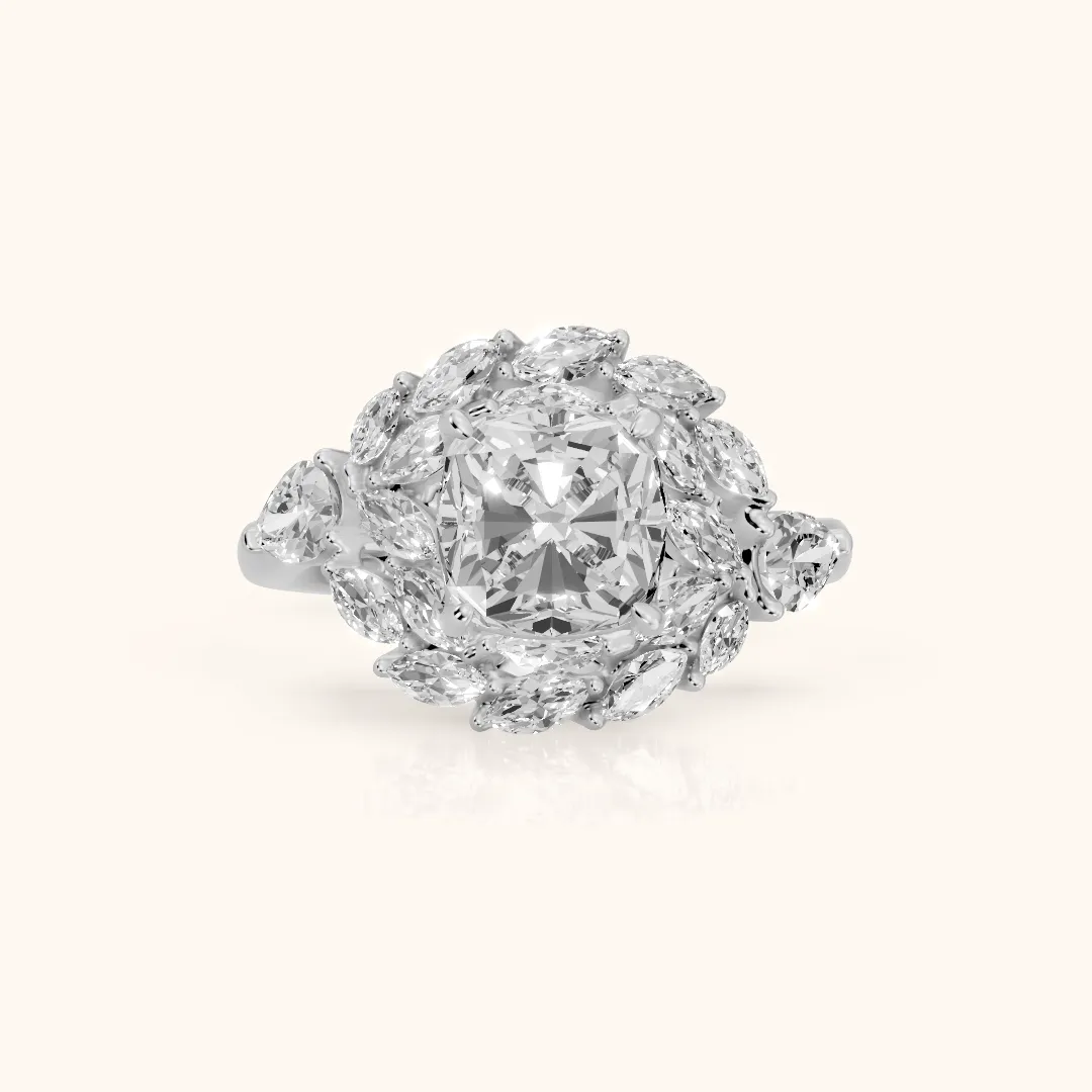 Liliana Leaf Cluster Cushion Diamond Engagement Ring in Silver — view 2