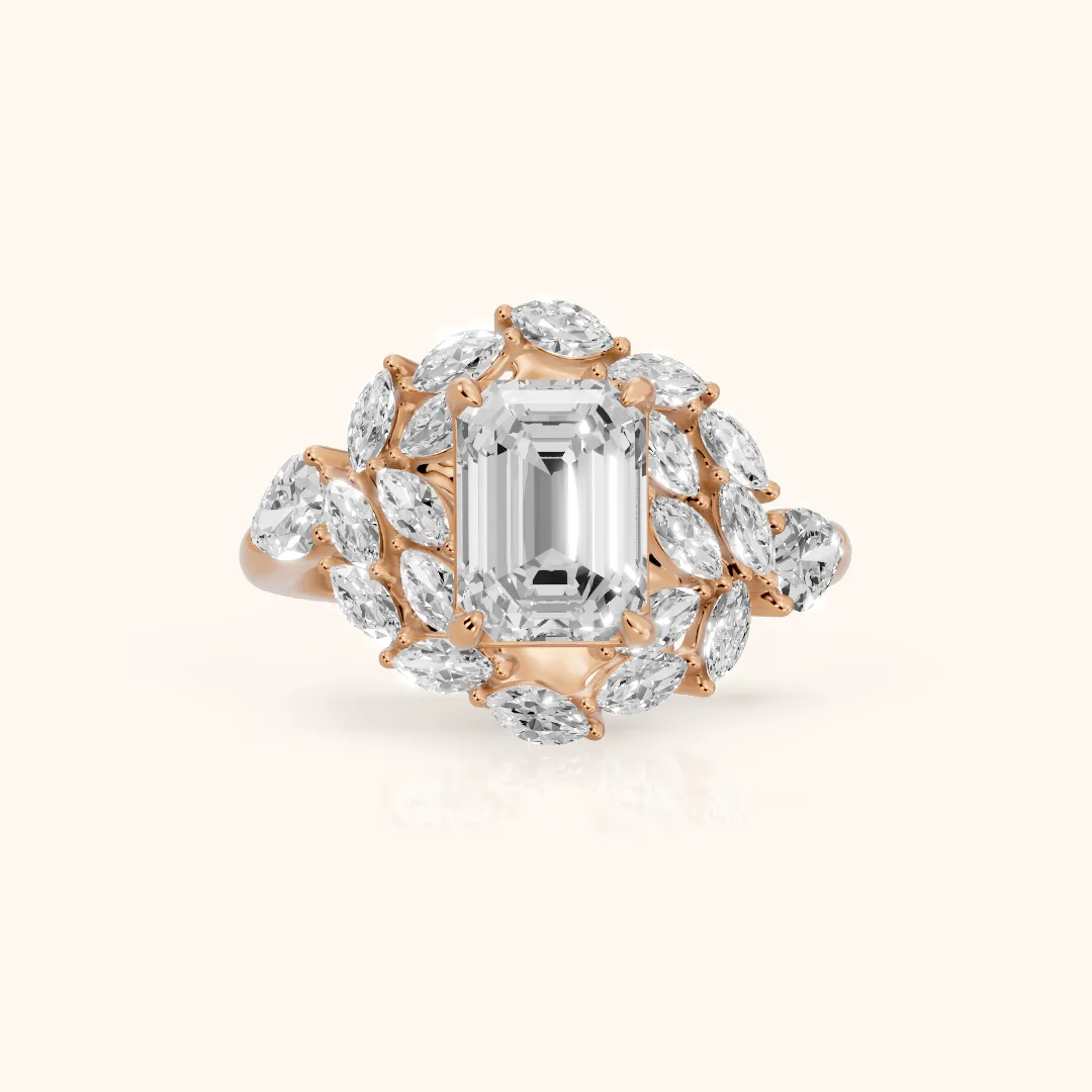 Liliana Leaf Cluster Emerald Diamond Engagement Ring in Rose Gold — view 2