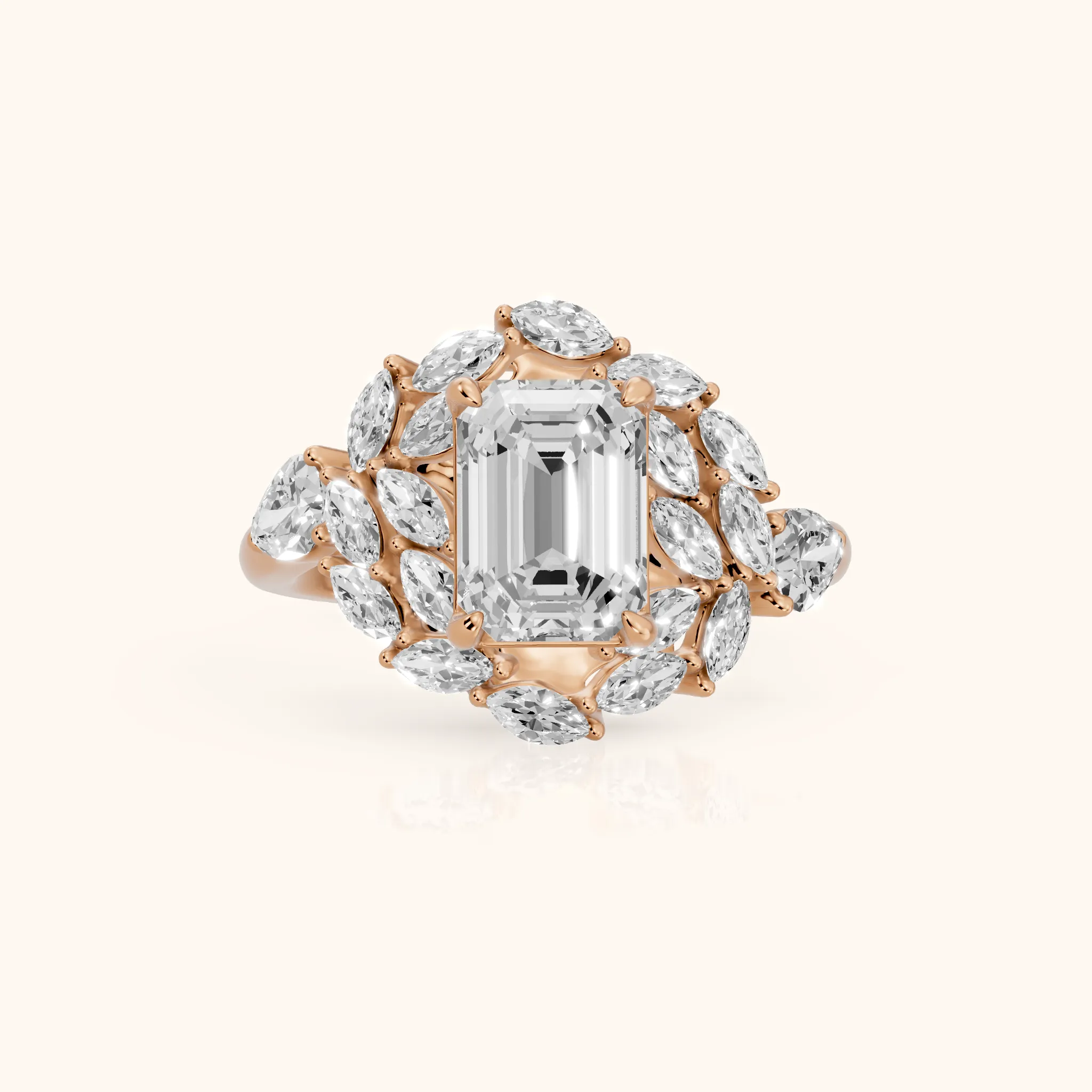Liliana Leaf Cluster Emerald Diamond Engagement Ring in Rose Gold — view 1