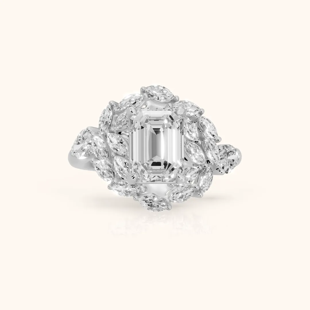 Liliana Leaf Cluster Emerald Diamond Engagement Ring in White Gold — view 2