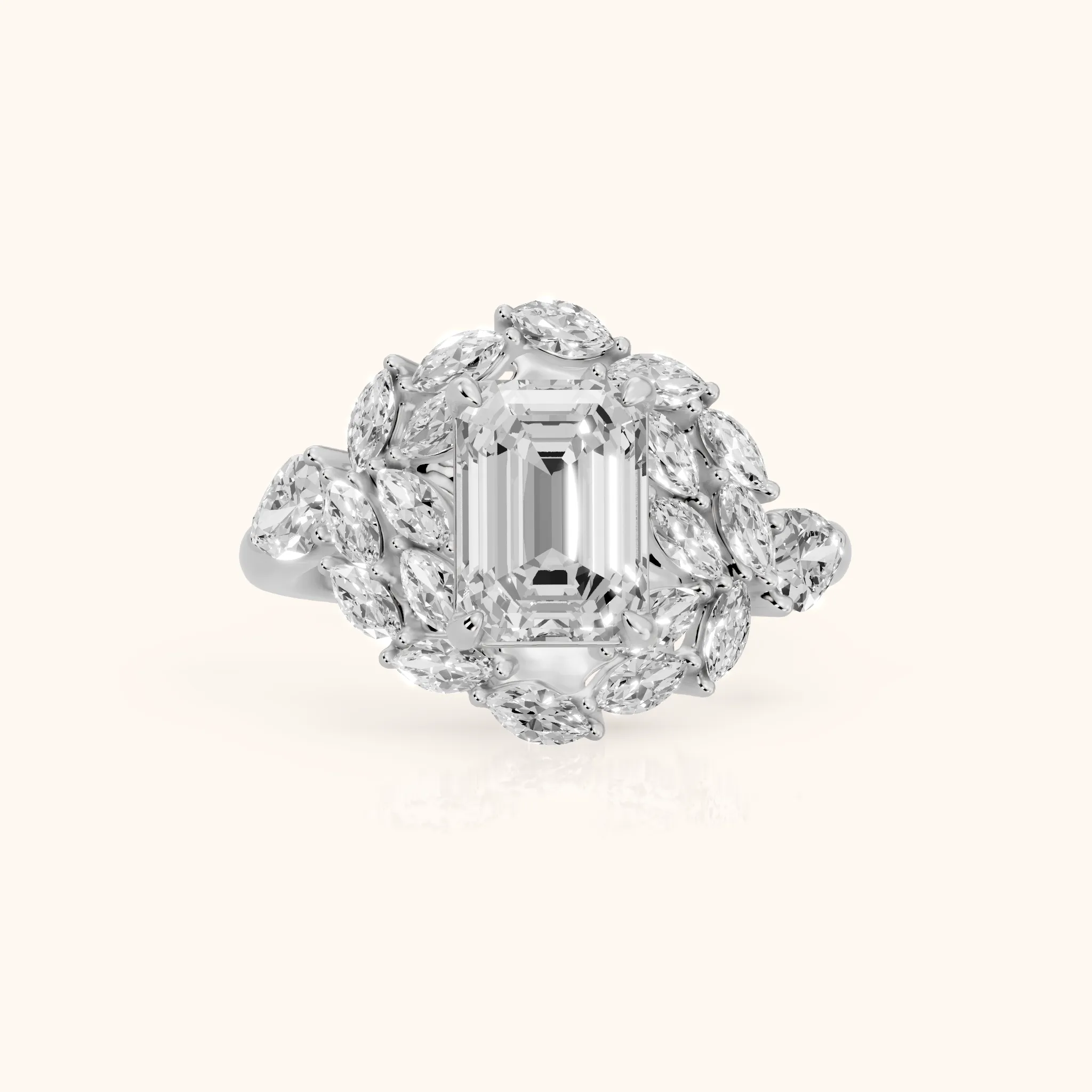 Liliana Leaf Cluster Emerald Diamond Engagement Ring in White Gold — view 1