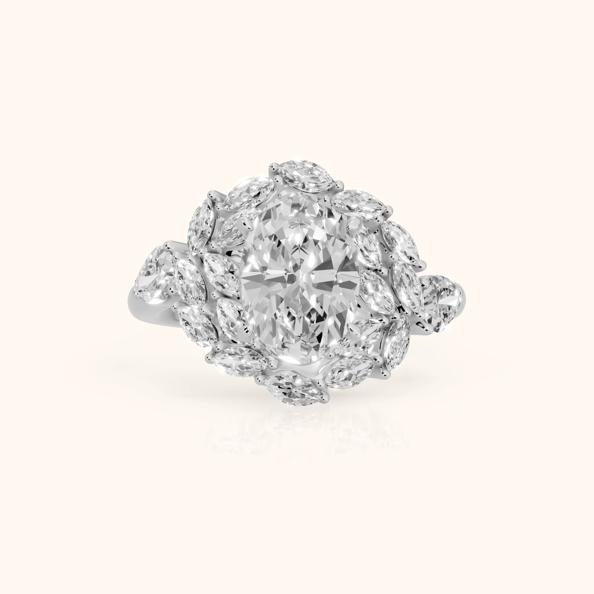 Liliana Leaf Cluster Oval Diamond Engagement Ring in Platinum — view 1