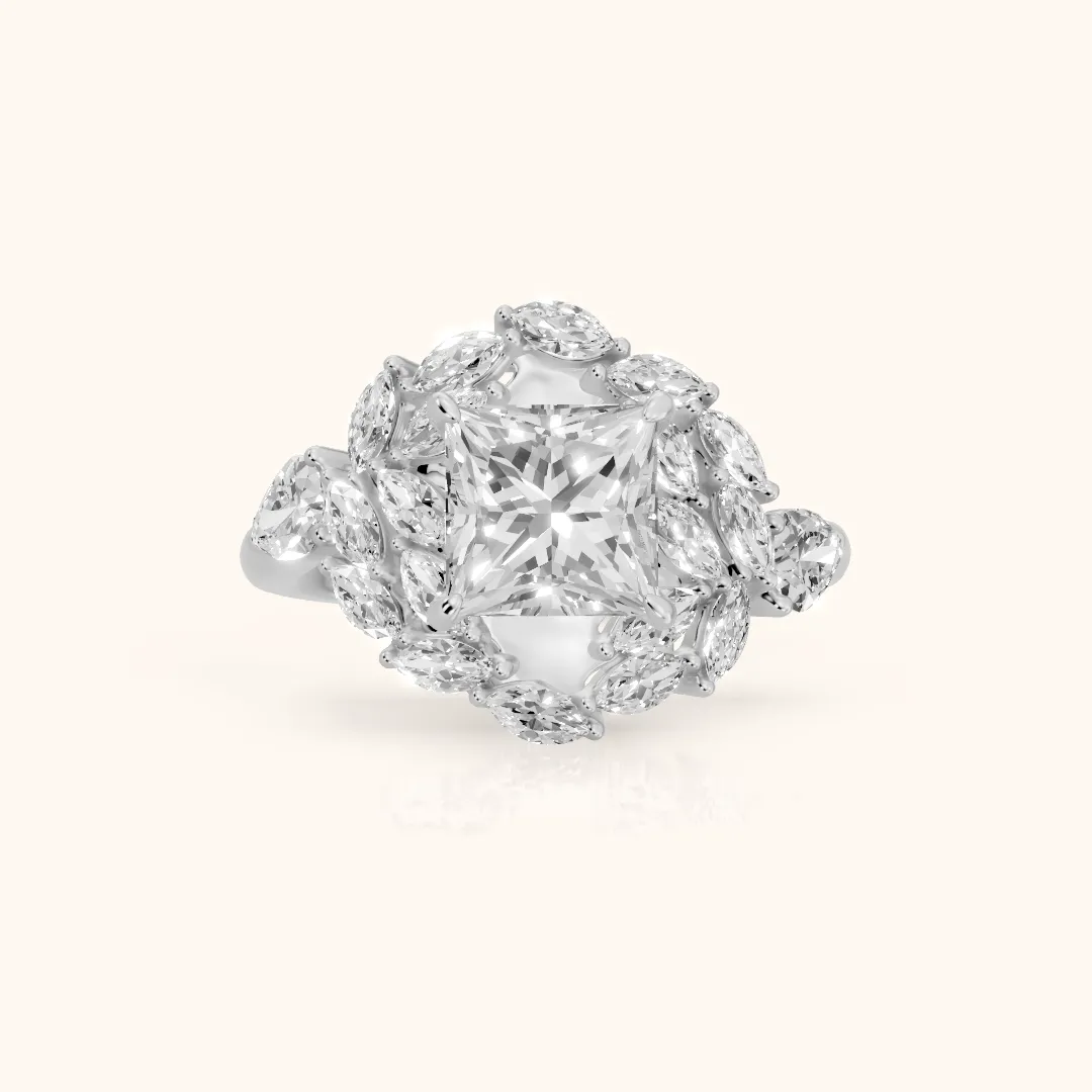 Liliana Leaf Cluster Princess Diamond Engagement Ring in Silver — view 2