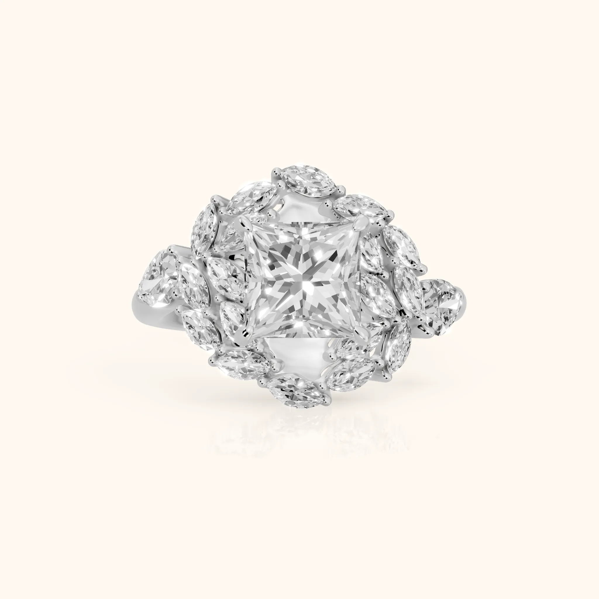 Liliana Leaf Cluster Princess Diamond Engagement Ring in Silver — view 1