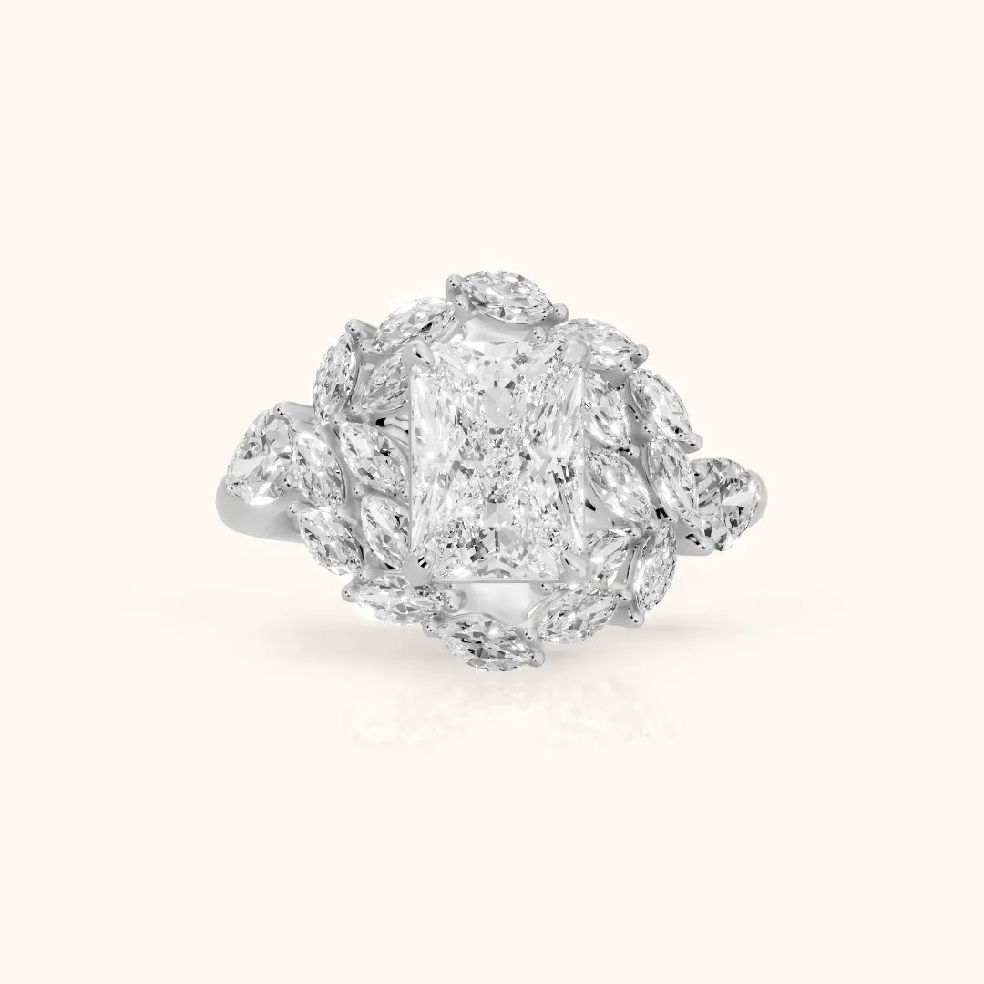 Liliana Leaf Cluster Radiant Diamond Engagement Ring in Platinum — view 2