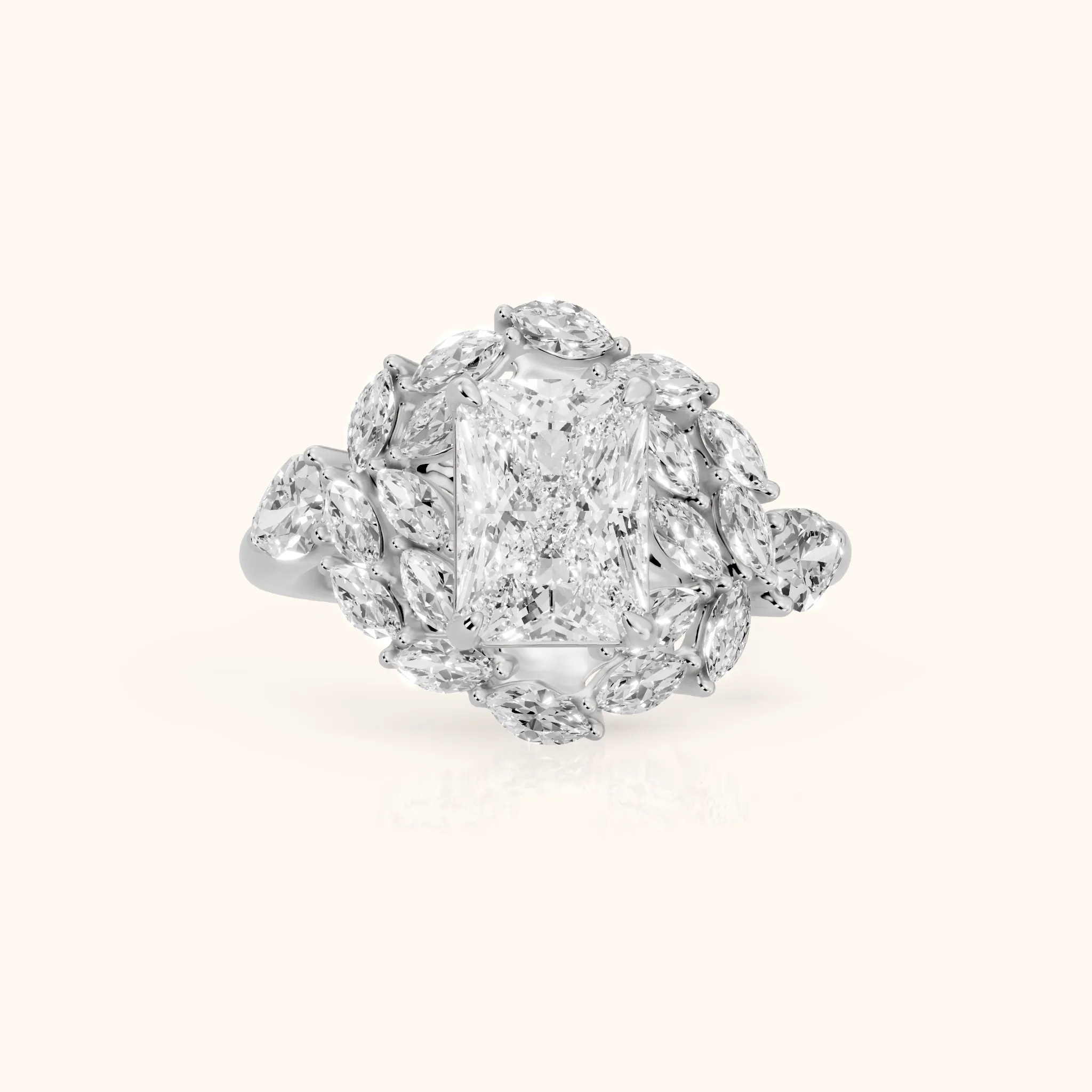 Liliana Leaf Cluster Radiant Diamond Engagement Ring in Platinum — view 1