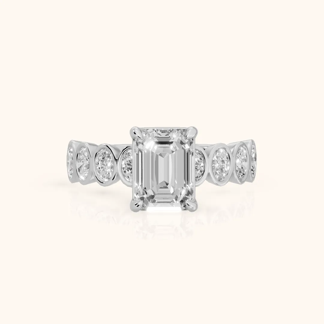 Vittoria Graduated Bezel Emerald Diamond Engagement Ring in Silver — view 2