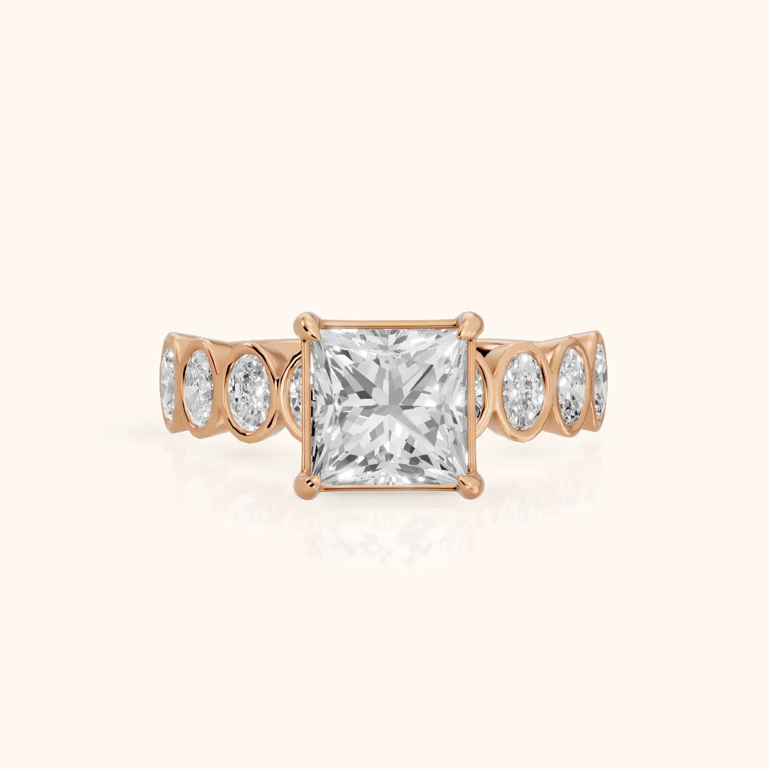Vittoria Graduated Bezel Princess Diamond Engagement Ring in Rose Gold — view 2
