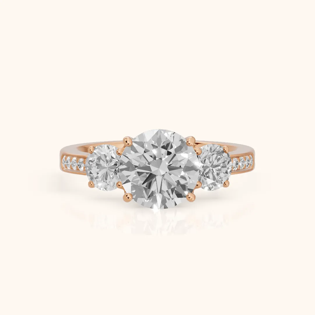 Esperanza Three-Stone Pavé Round Diamond Engagement Ring in Rose Gold — view 2