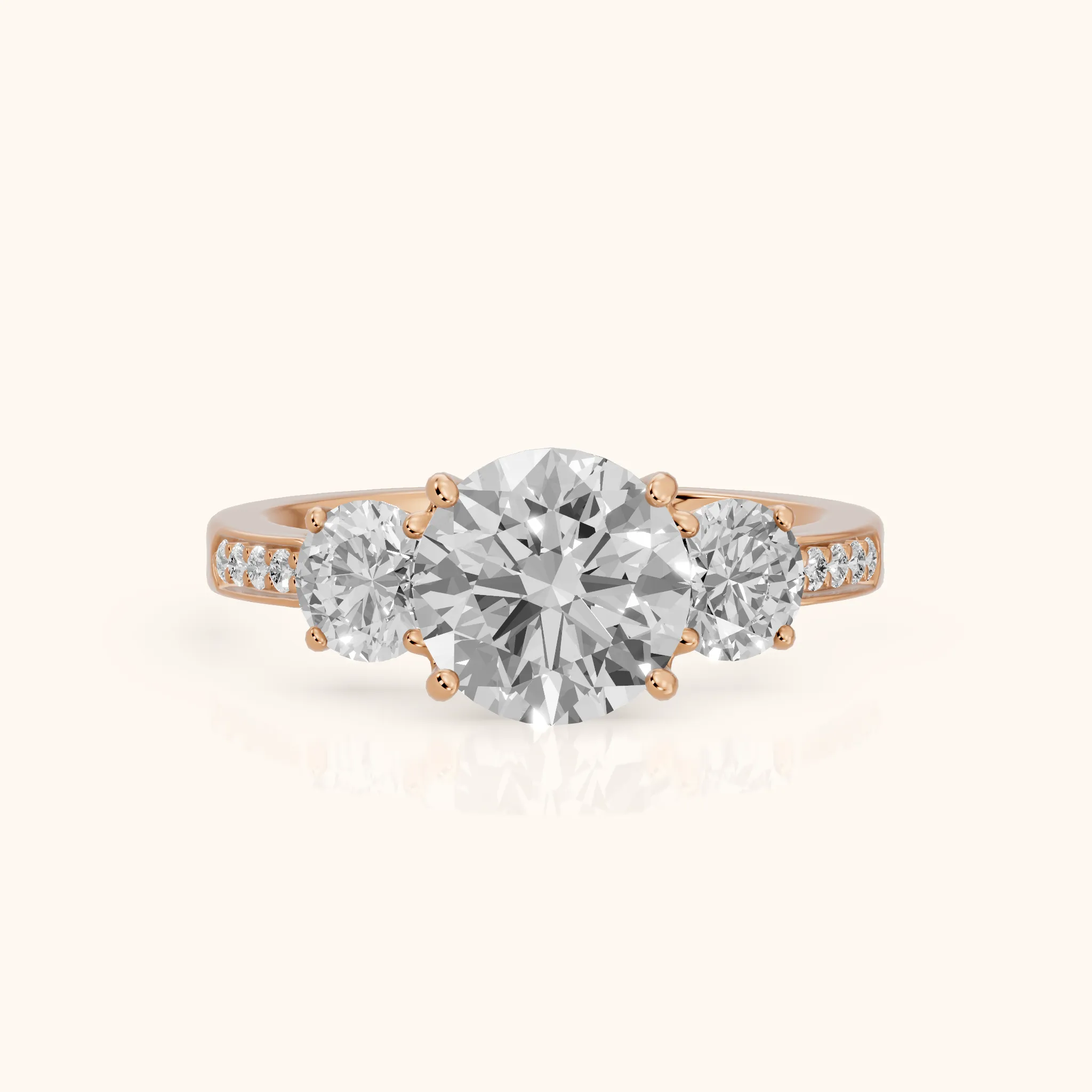Esperanza Three-Stone Pavé Round Diamond Engagement Ring in Rose Gold — view 1