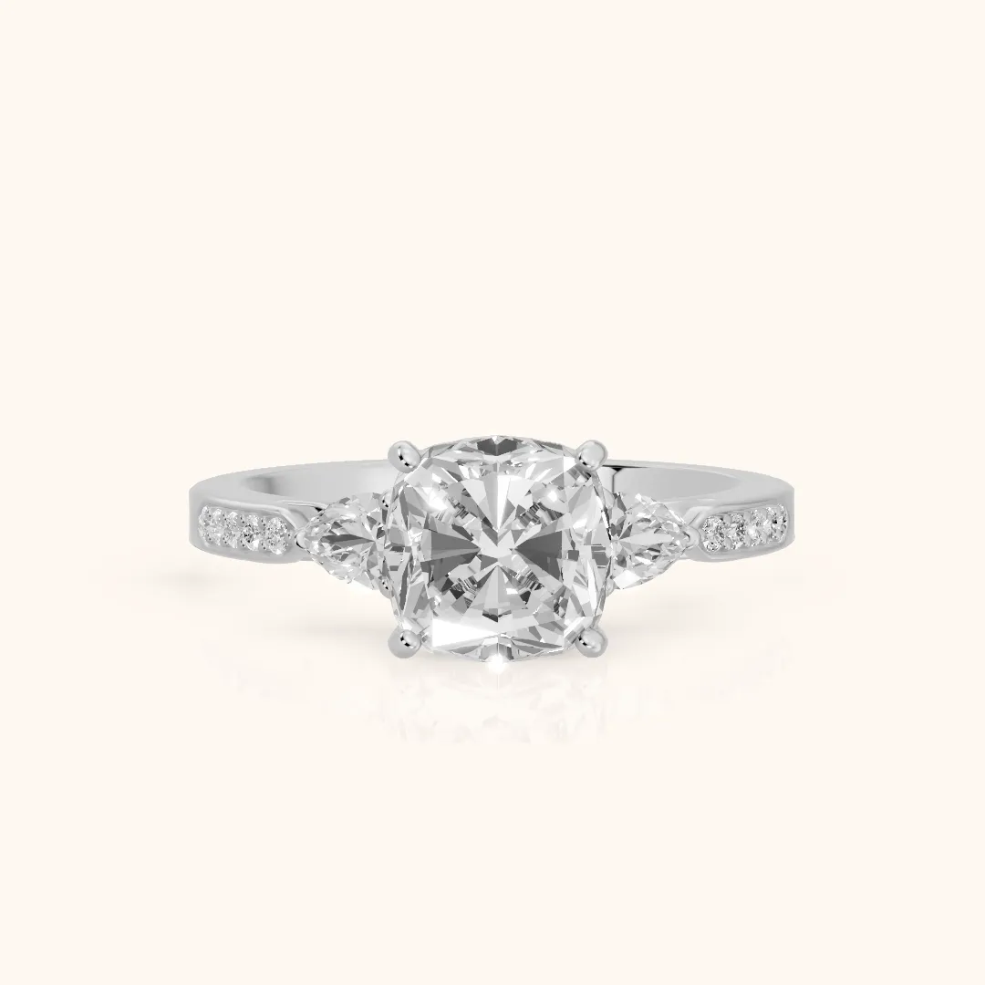 Mariana Pear-Side Three-Stone Cushion Diamond Engagement Ring in White Gold — view 2