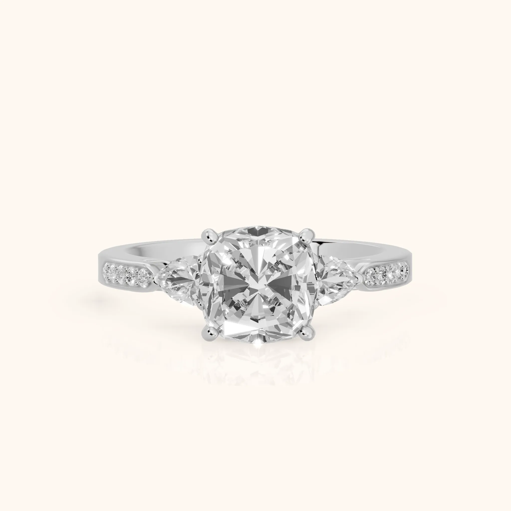 Mariana Pear-Side Three-Stone Cushion Diamond Engagement Ring in White Gold — view 1