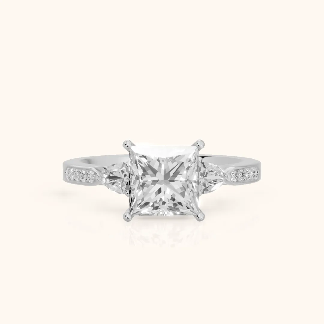 Mariana Pear-Side Three-Stone Princess Diamond Engagement Ring in Platinum — view 2