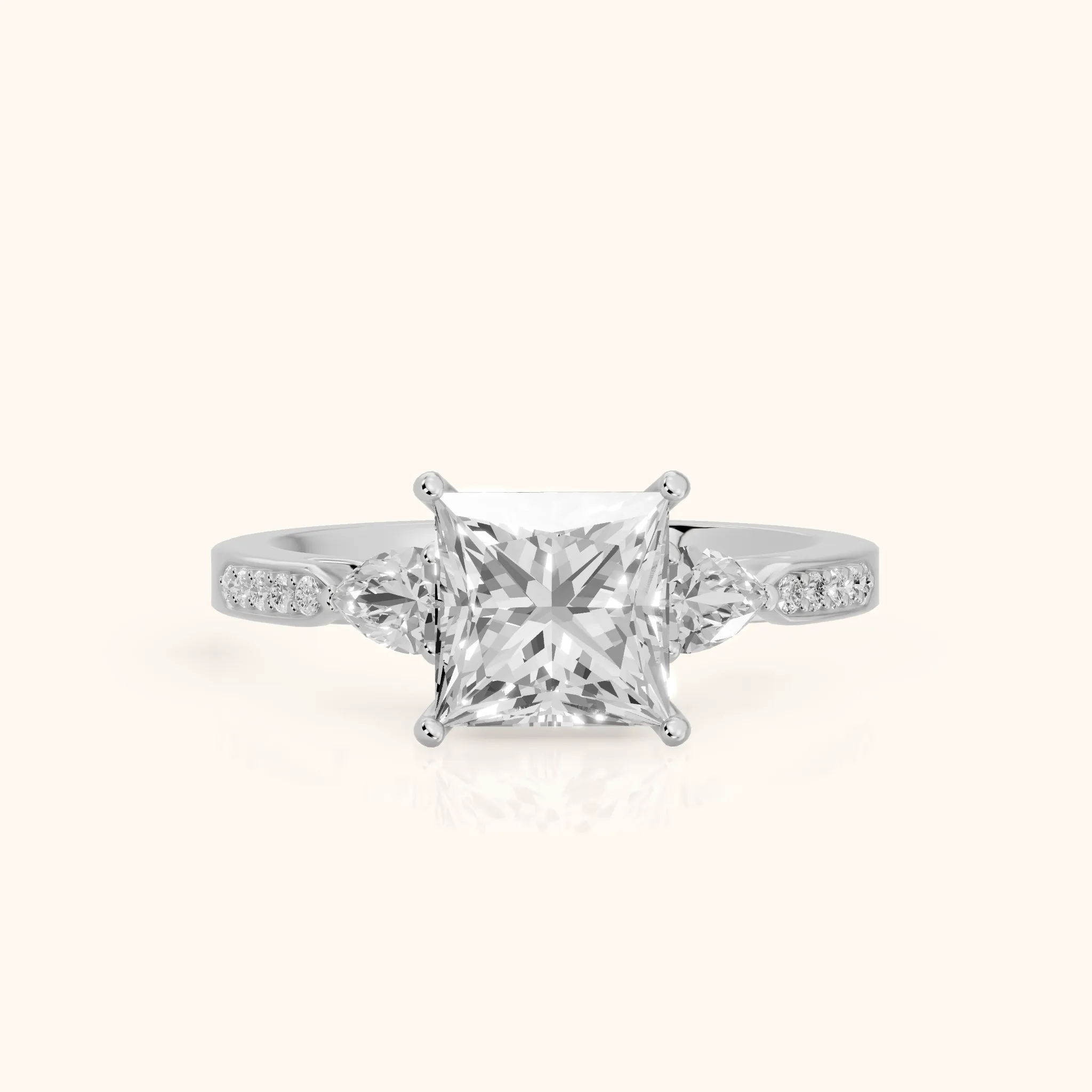 Mariana Pear-Side Three-Stone Princess Diamond Engagement Ring in Platinum — view 1