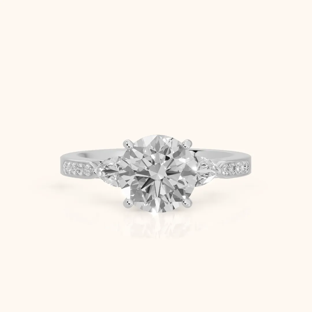 Mariana Pear-Side Three-Stone Round Diamond Engagement Ring in Silver — view 2