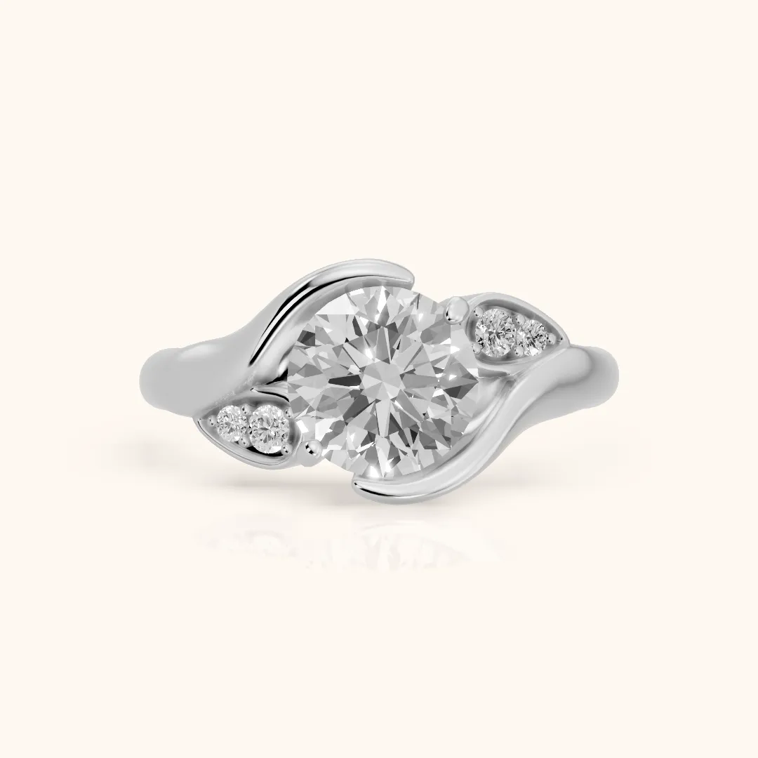 Inez Leaf Bypass Round Diamond Engagement Ring in Silver — view 2