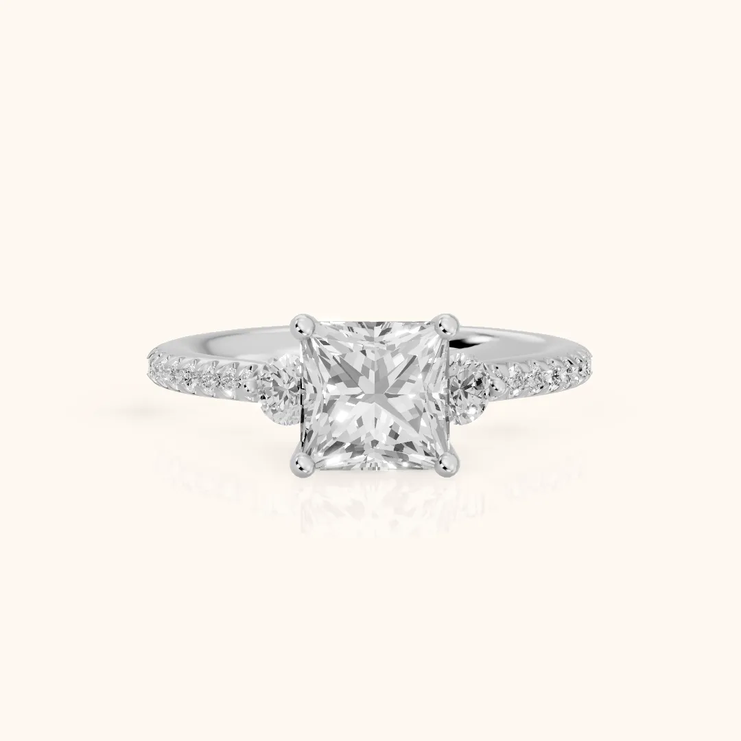 Cristina Three-Stone Pavé Princess Diamond Engagement Ring in Silver — view 2