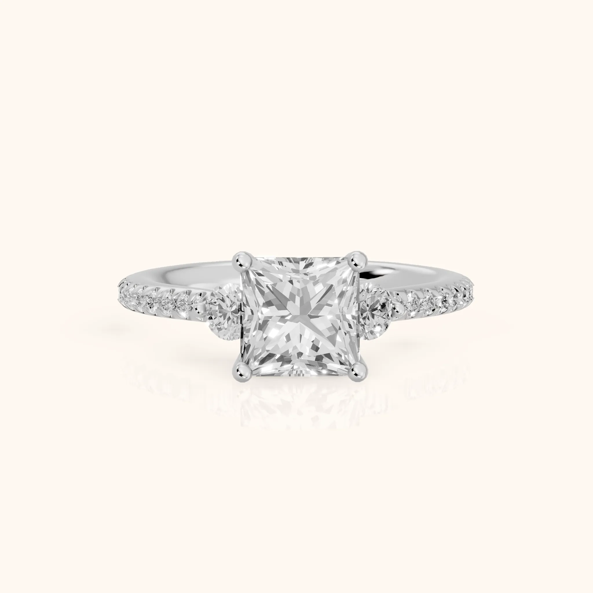 Cristina Three-Stone Pavé Princess Diamond Engagement Ring in Silver — view 1