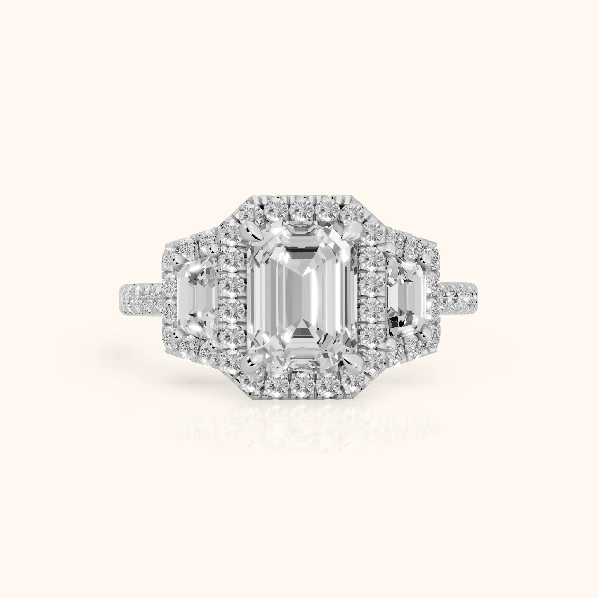 Paulina Three-Stone Halo Emerald Diamond Engagement Ring in Silver — view 1