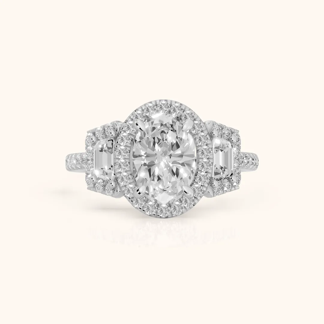 Paulina Three-Stone Halo Oval Diamond Engagement Ring in White Gold — view 2