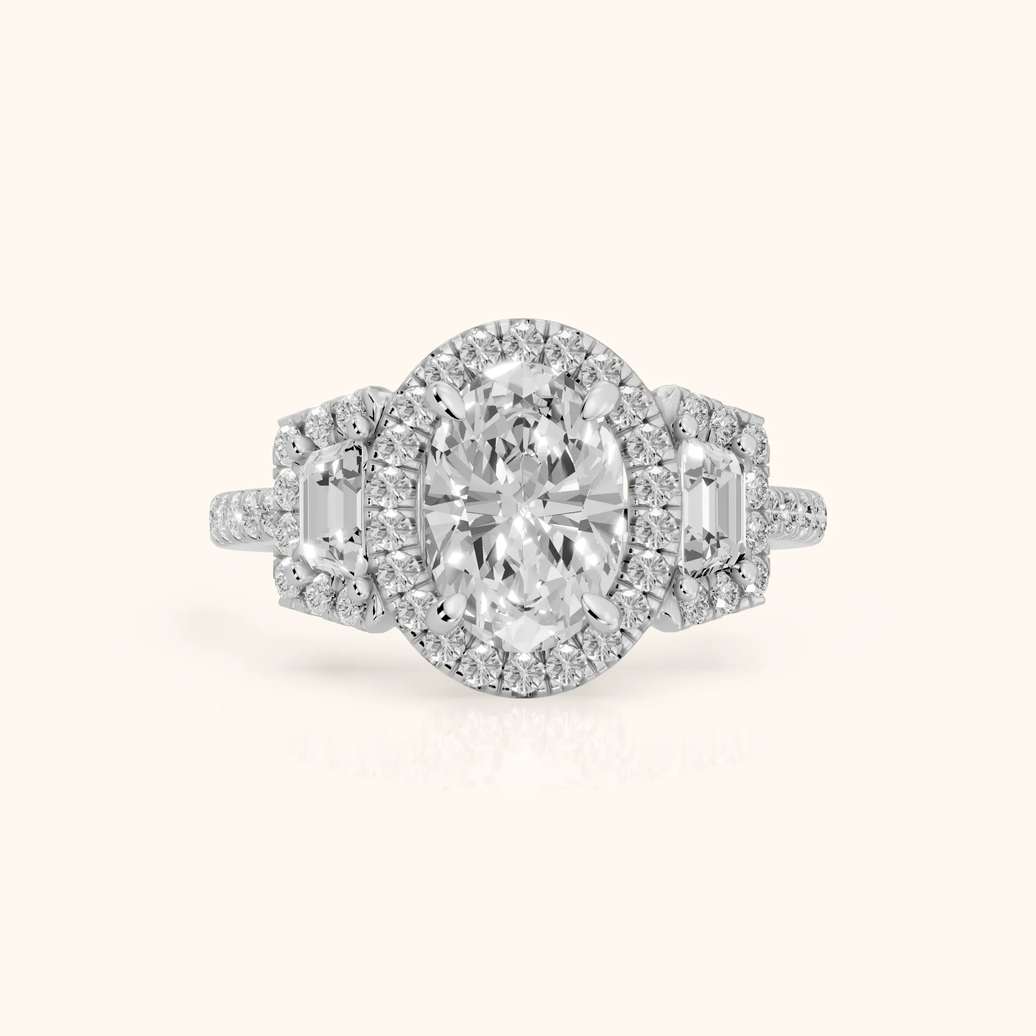 Paulina Three-Stone Halo Oval Diamond Engagement Ring in White Gold — view 1