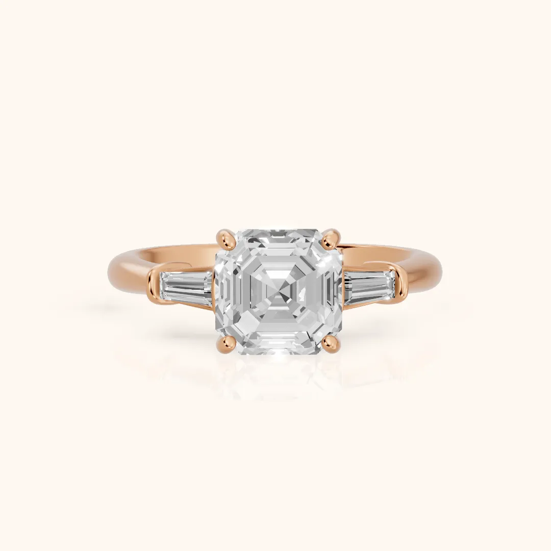 Abby Baguette Three-Stone Asscher Diamond Engagement Ring in Rose Gold — view 2