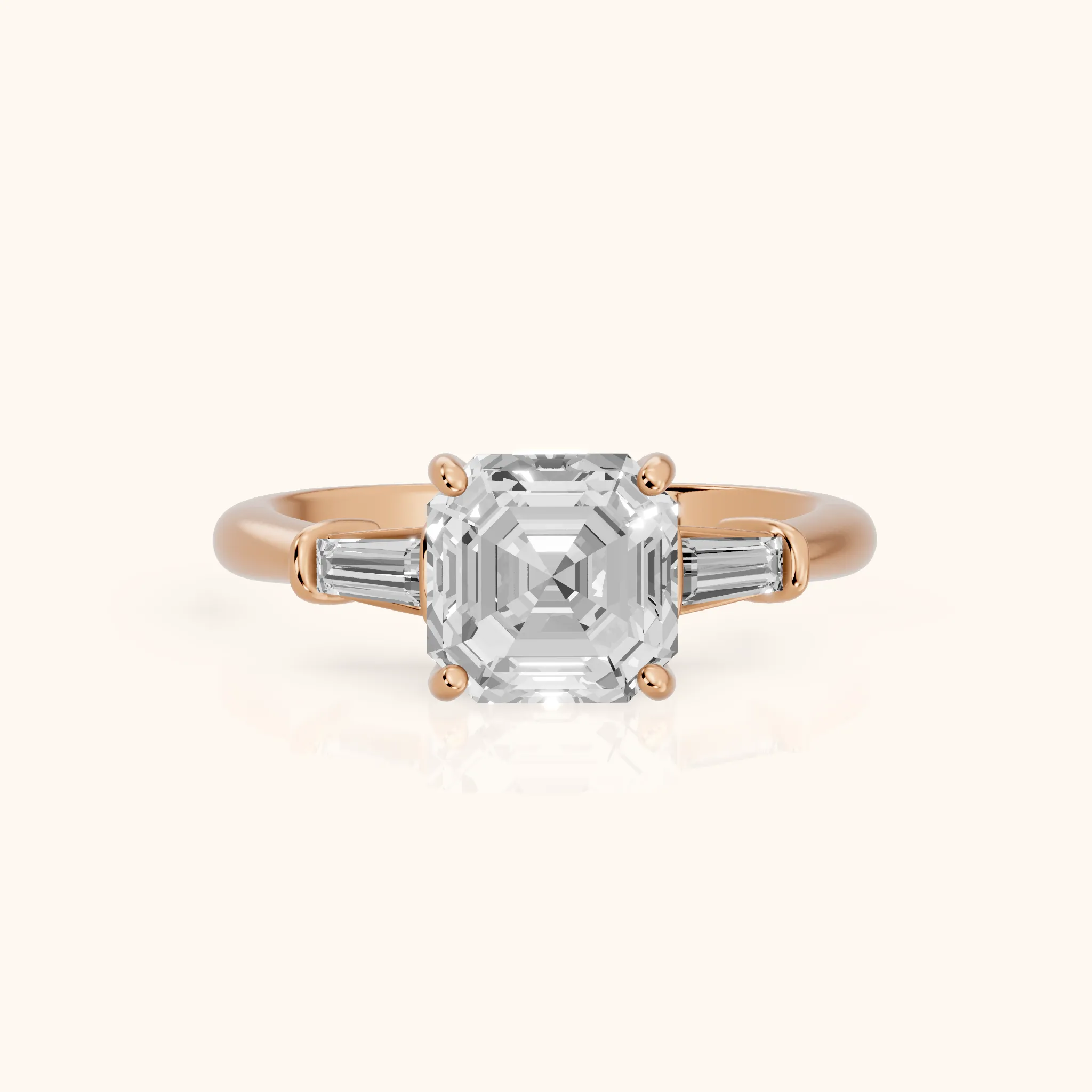 Abby Baguette Three-Stone Asscher Diamond Engagement Ring in Rose Gold — view 1