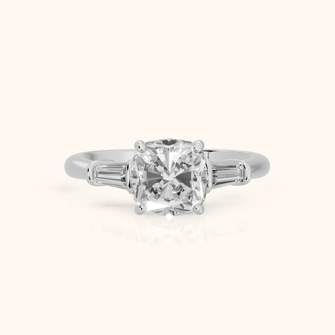 Abby Baguette Three-Stone Cushion Diamond Engagement Ring in White Gold — view 2
