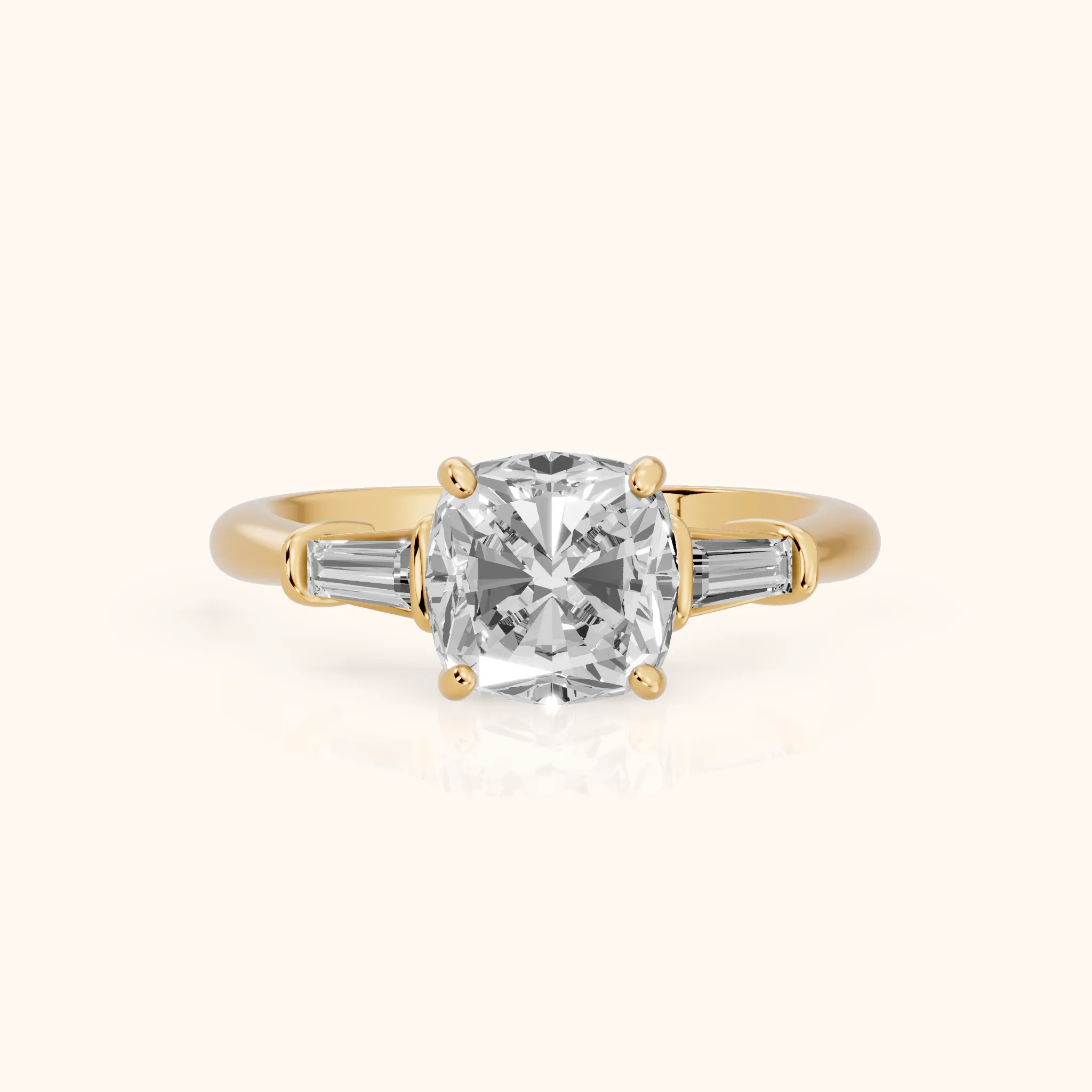 Abby Baguette Three-Stone Cushion Diamond Engagement Ring in Yellow Gold — view 1