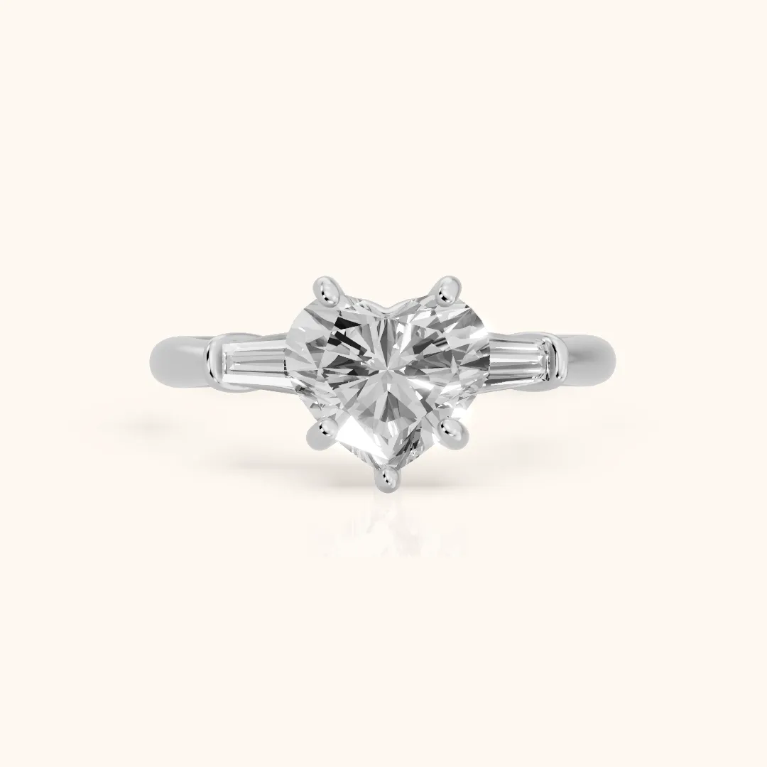Abby Baguette Three-Stone Heart Diamond Engagement Ring in Platinum — view 2