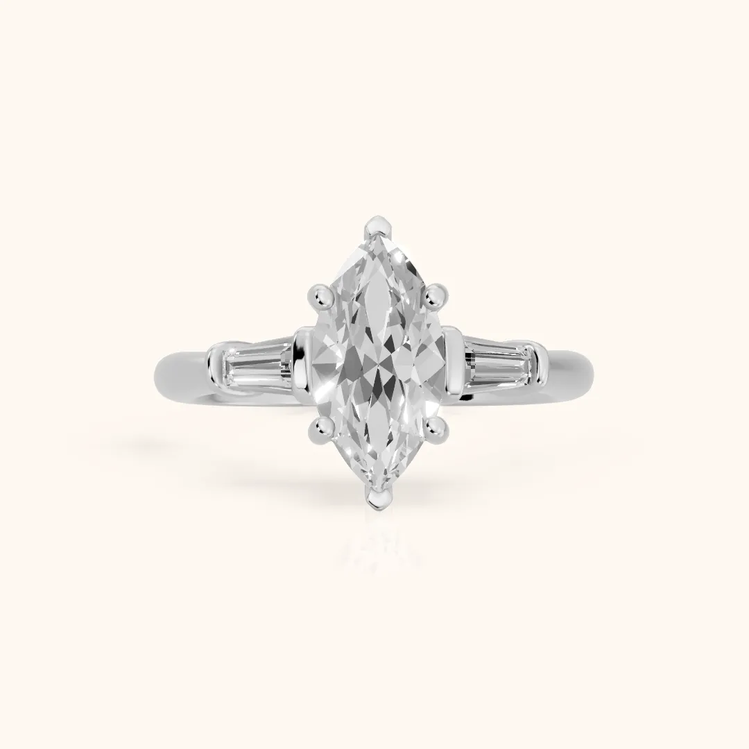 Abby Baguette Three-Stone Marquise Diamond Engagement Ring in White Gold — view 2
