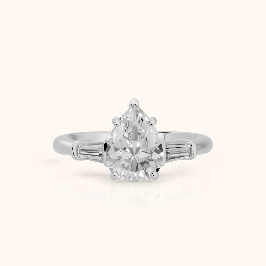 Abby Baguette Three-Stone Pear Diamond Engagement Ring in White Gold — view 2