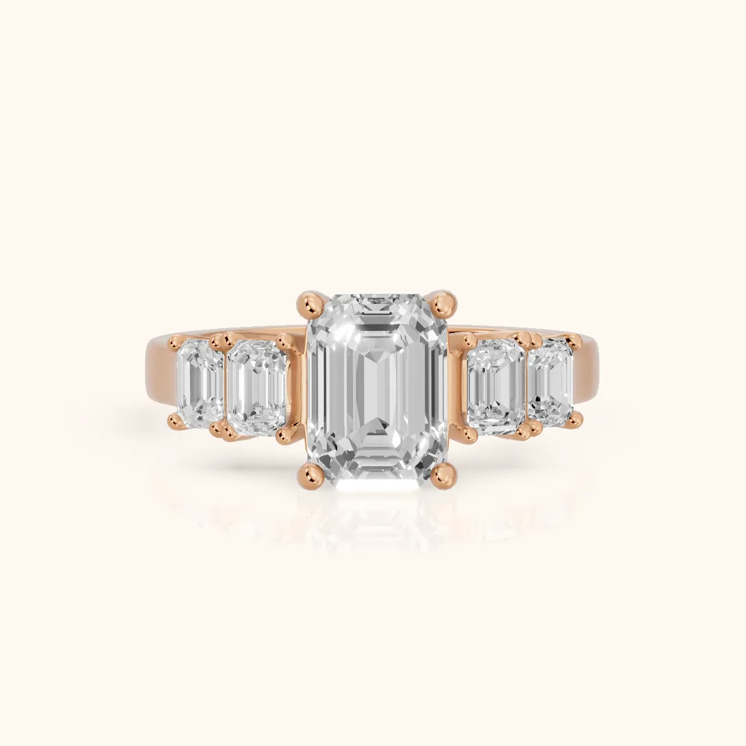 Amber Graduated Five-Stone Emerald Diamond Engagement Ring in Rose Gold — view 2