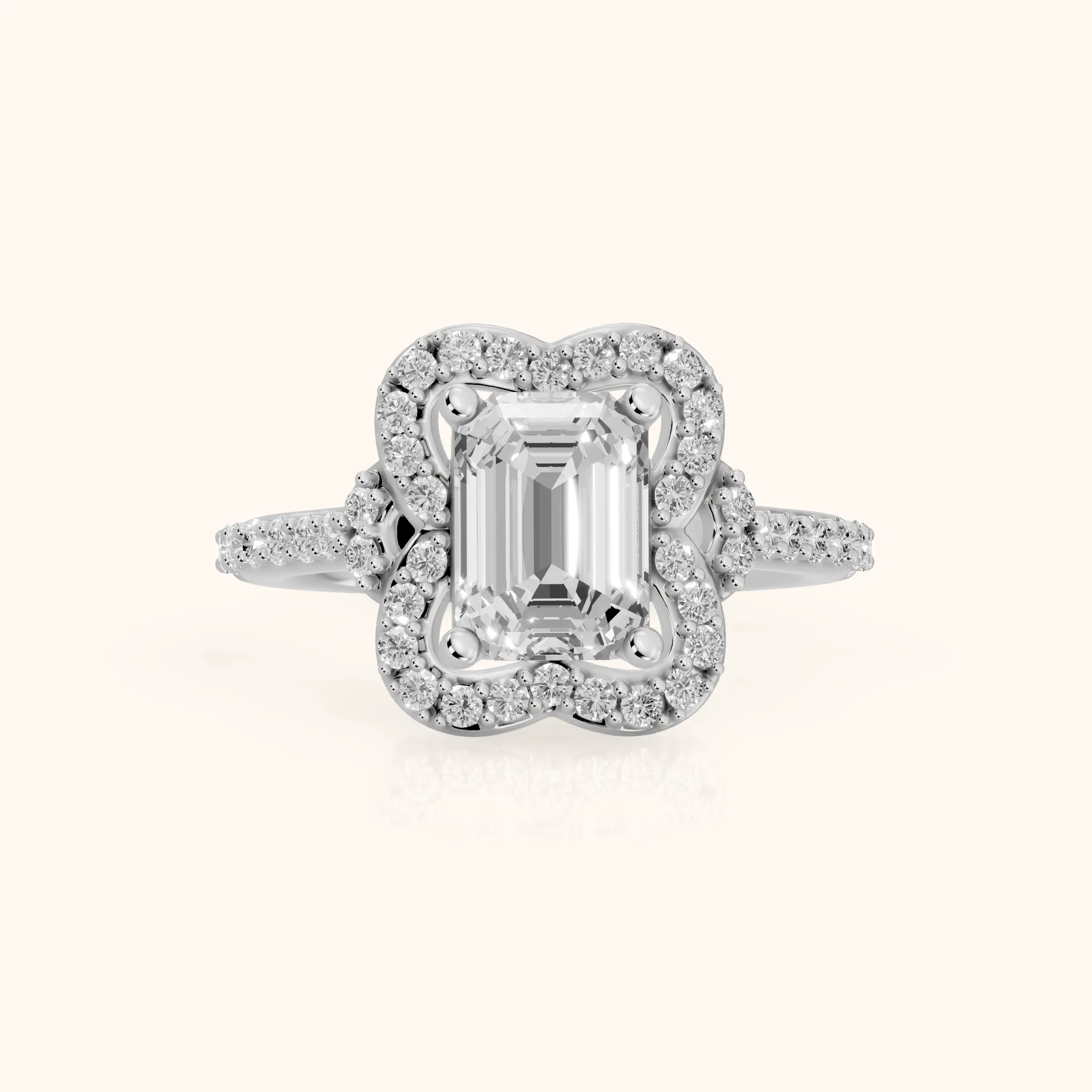 Amy Floral Halo Emerald Diamond Engagement Ring in Silver — view 1